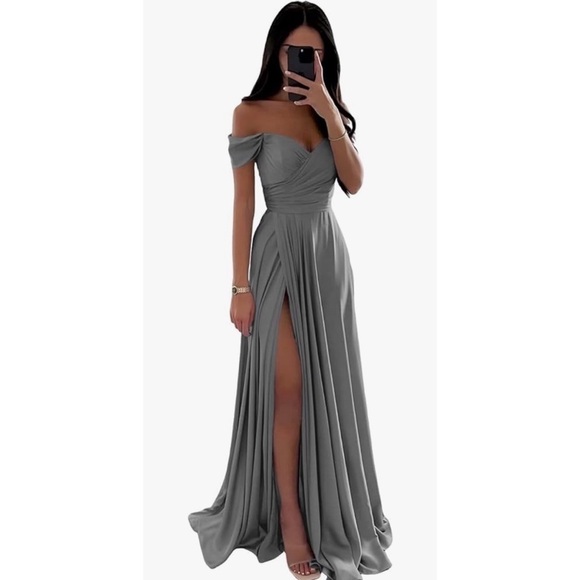 Off Shoulder Bridesmaid Prom Side Slit Satin Formal Evening with Pockets Dress - Picture 1 of 13